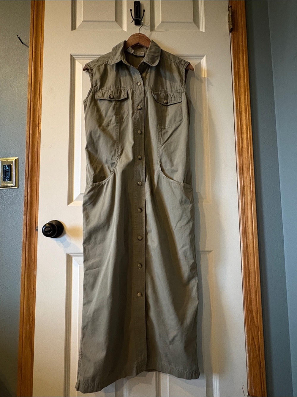Rafaella Olive Green Button-Front Sleeveless Long Shirt Dress